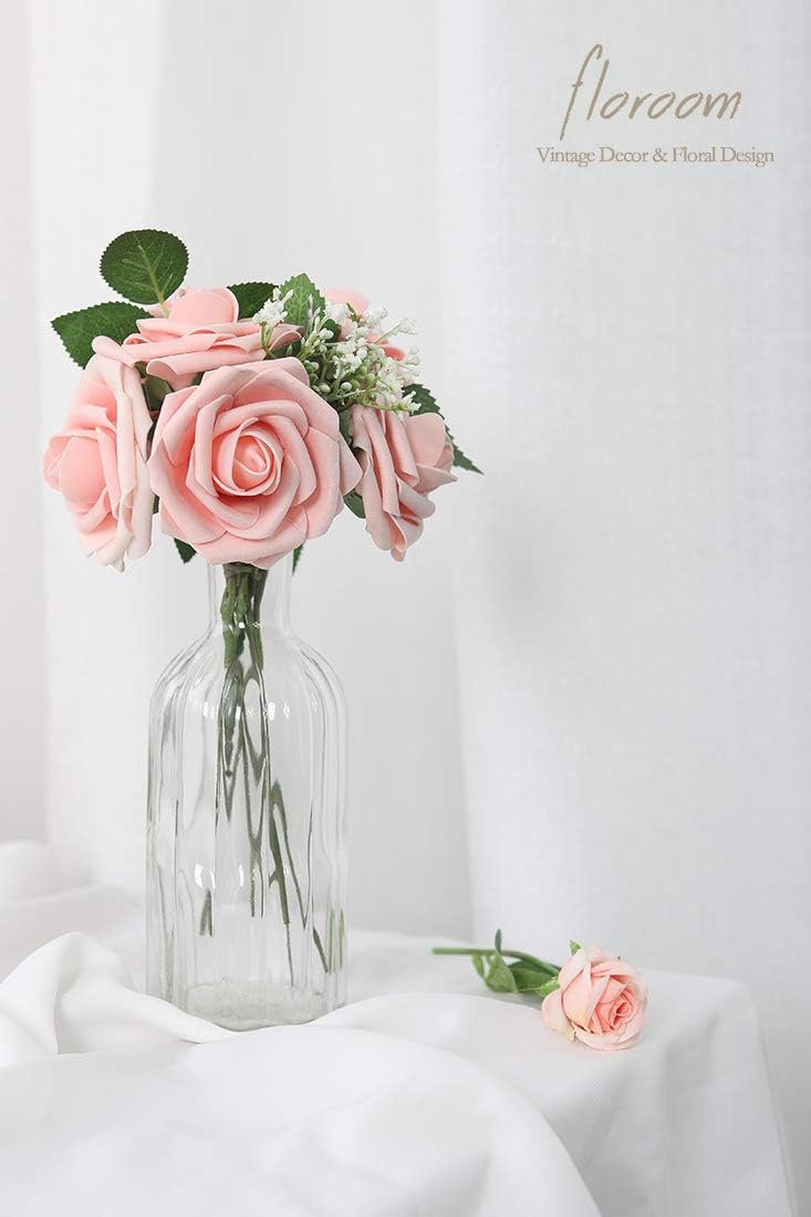 Artificial Flowers 25pcs Realistic Peach Pink Foam Fake Roses with Stems for DIY Wedding Bouquets Bridal Shower Centerpieces Floral Arrangements Party Tables Home Decorations
