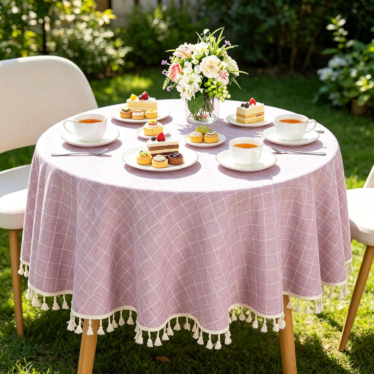 Round Cotton Linen Tablecloth 55" Pink Purple Tassel Home Decor