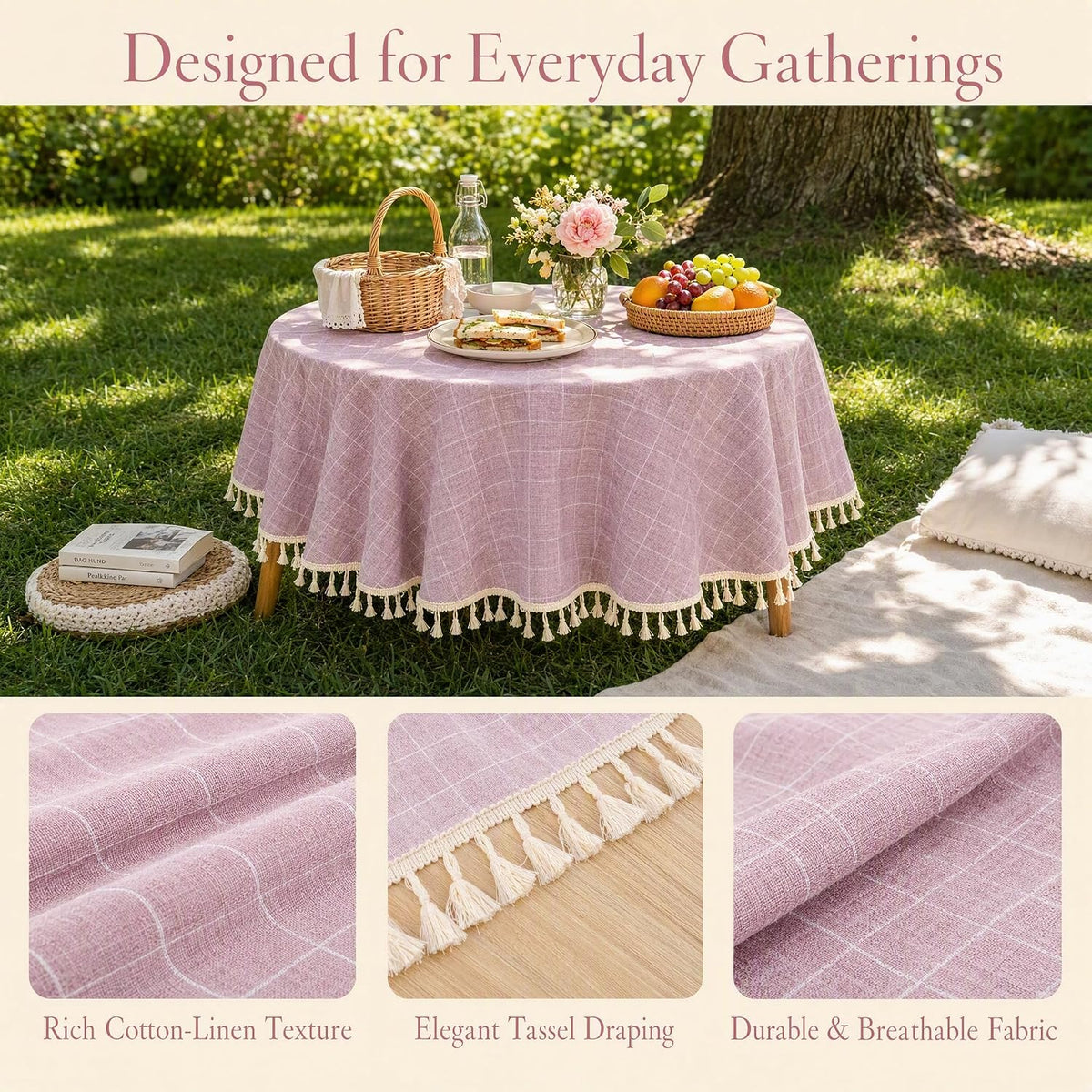 Round Cotton Linen Tablecloth 55" Pink Purple Tassel Home Decor