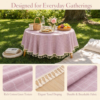 Round Cotton Linen Tablecloth 55" Pink Purple Tassel Home Decor
