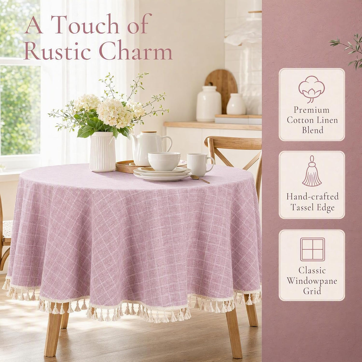 Round Cotton Linen Tablecloth 55" Pink Purple Tassel Home Decor