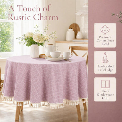 Round Cotton Linen Tablecloth 55" Pink Purple Tassel Home Decor