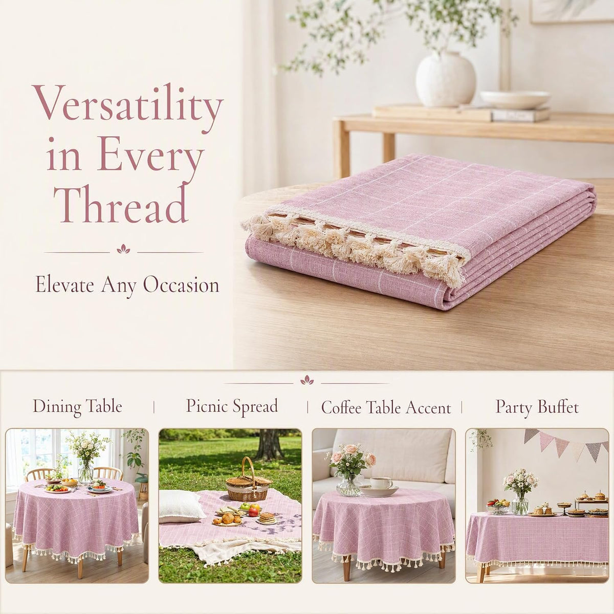 Round Cotton Linen Tablecloth 55" Pink Purple Tassel Home Decor