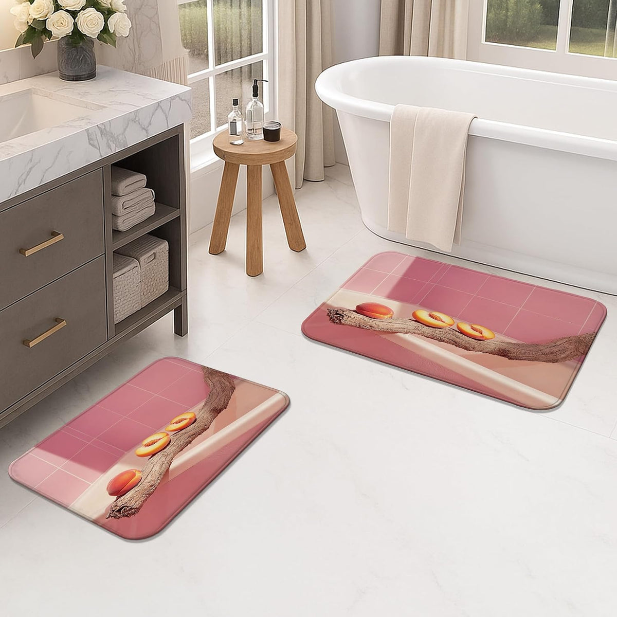 Peach Blossom Quick Dry Bath Mat, Modern Abstract Peach Leaves Absorbent Non Slip Shower Mat, Summer Memory Foam Washable Bath Rugs for Bathroom Toilet Restroom Decorative 20x32 Inch
