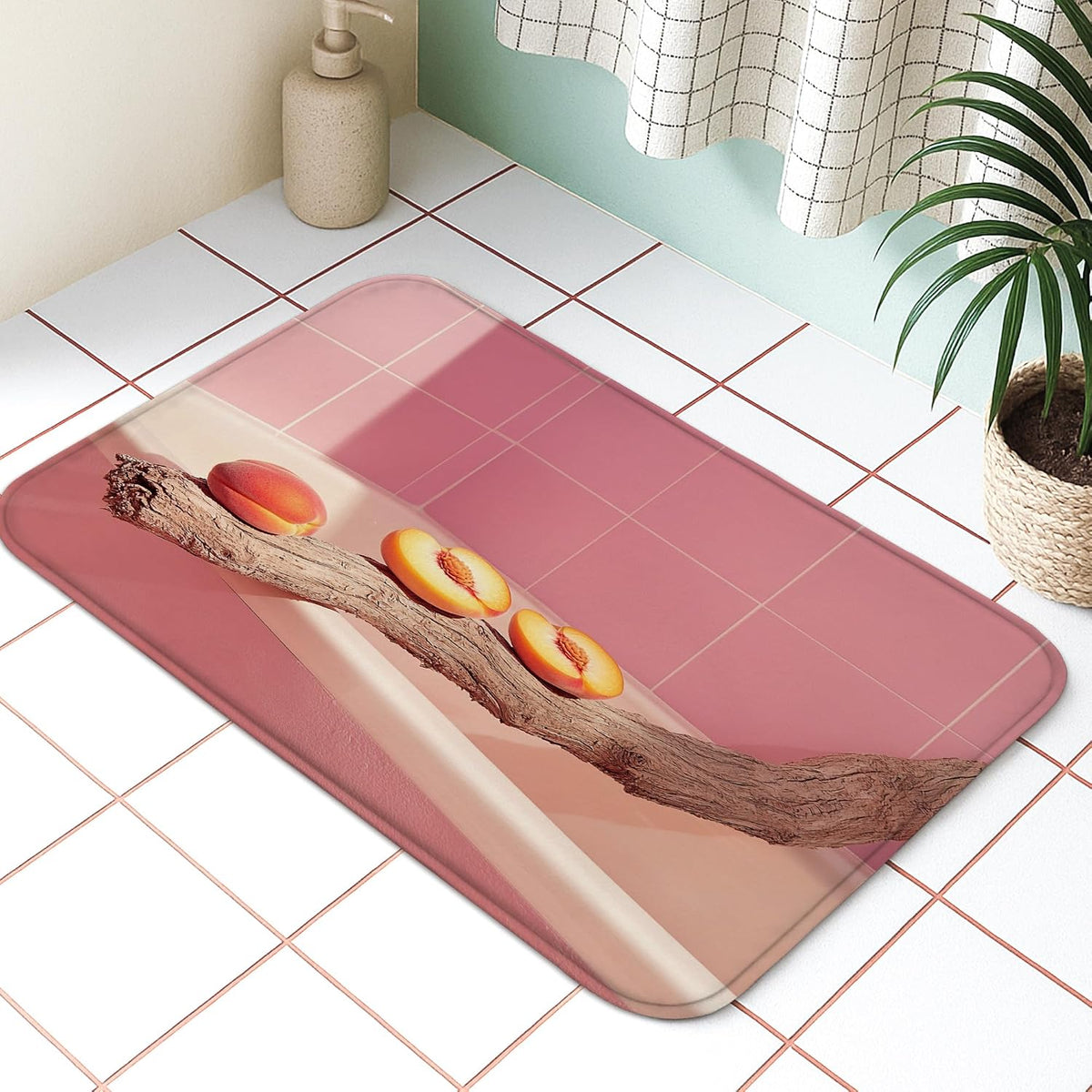 Peach Blossom Quick Dry Bath Mat, Modern Abstract Peach Leaves Absorbent Non Slip Shower Mat, Summer Memory Foam Washable Bath Rugs for Bathroom Toilet Restroom Decorative 20x32 Inch