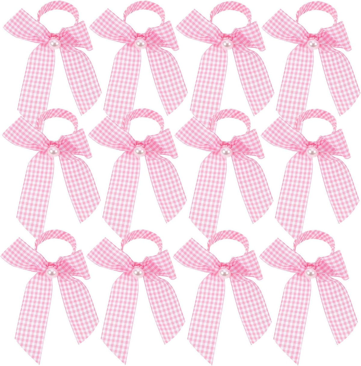 12pcs Pink Ribbon Napkin Rings Bowknot Serviette Holders Gingham Pattern Table Decor for Girl Shower Wedding Reception Party