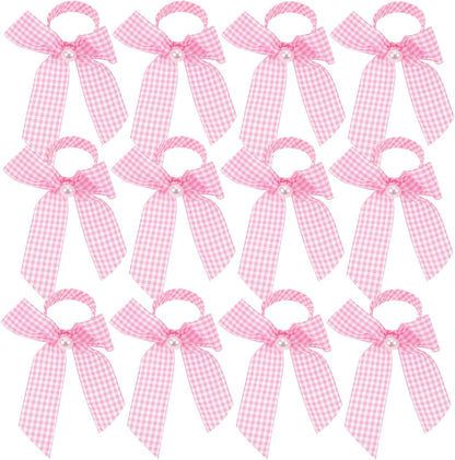 12pcs Pink Ribbon Napkin Rings Bowknot Serviette Holders Gingham Pattern Table Decor for Girl Shower Wedding Reception Party