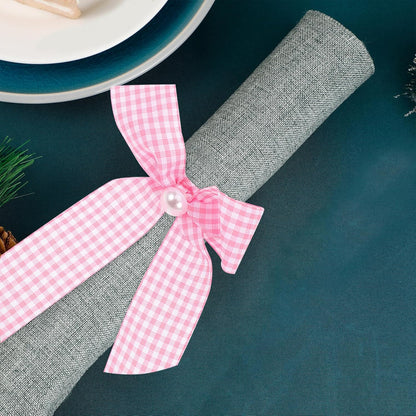 12pcs Pink Ribbon Napkin Rings Bowknot Serviette Holders Gingham Pattern Table Decor for Girl Shower Wedding Reception Party
