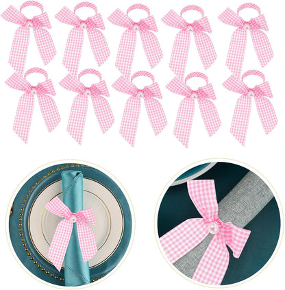 12pcs Pink Ribbon Napkin Rings Bowknot Serviette Holders Gingham Pattern Table Decor for Girl Shower Wedding Reception Party