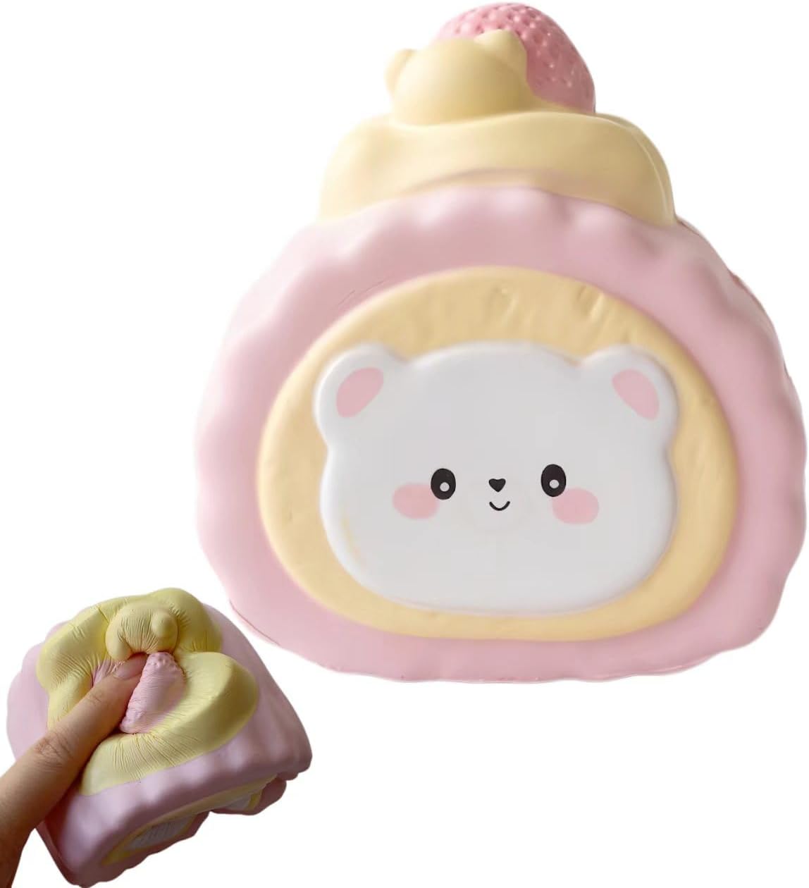 Cute Bear Head Pink Swiss Roll Squishy Toy Slow Rising Squishy Stress Reliever for Adults Soft PU Foam Office Desk Fidget Anxiety Focus Tool Faux Food Sensory Prop for Relaxation (Pink Bear)