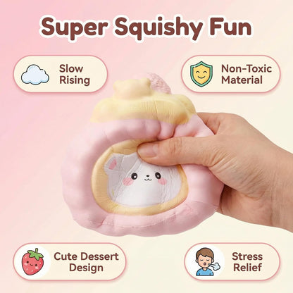 Cute Bear Head Pink Swiss Roll Squishy Toy Slow Rising Squishy Stress Reliever for Adults Soft PU Foam Office Desk Fidget Anxiety Focus Tool Faux Food Sensory Prop for Relaxation (Pink Bear)