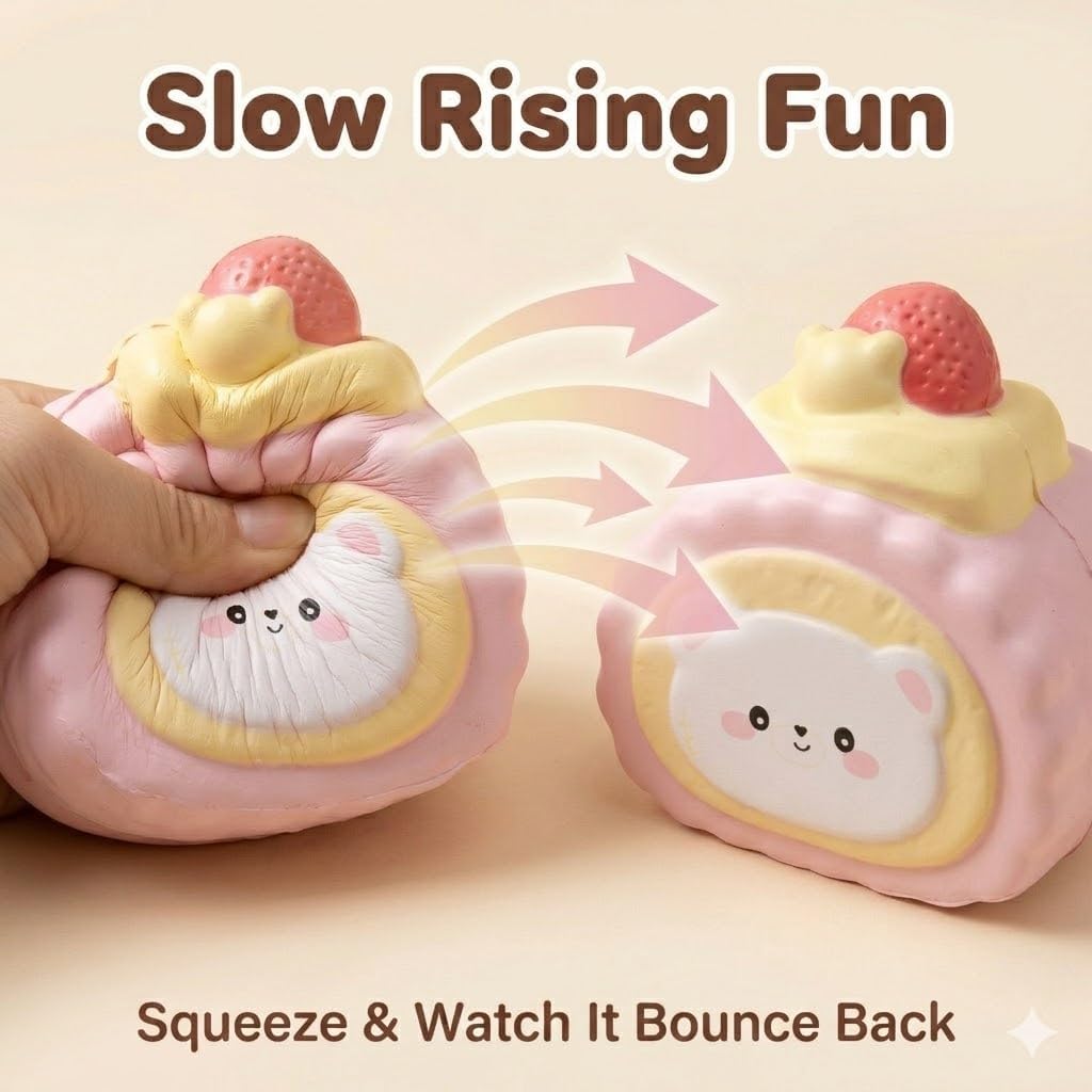 Cute Bear Head Pink Swiss Roll Squishy Toy Slow Rising Squishy Stress Reliever for Adults Soft PU Foam Office Desk Fidget Anxiety Focus Tool Faux Food Sensory Prop for Relaxation (Pink Bear)