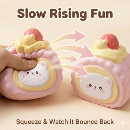Cute Bear Head Pink Swiss Roll Squishy Toy Slow Rising Squishy Stress Reliever for Adults Soft PU Foam Office Desk Fidget Anxiety Focus Tool Faux Food Sensory Prop for Relaxation (Pink Bear)