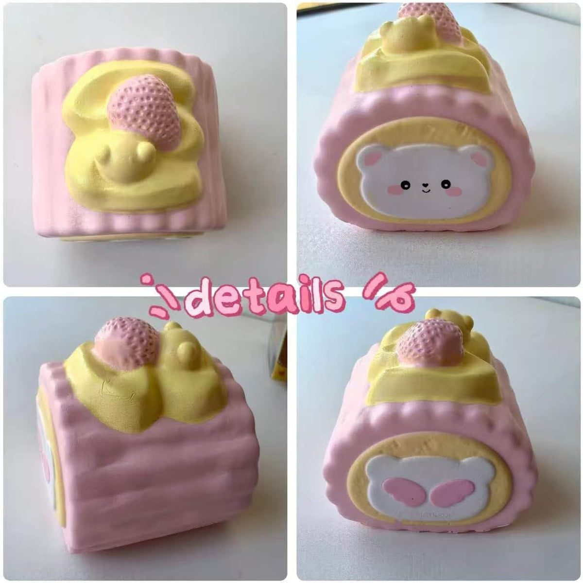 Cute Bear Head Pink Swiss Roll Squishy Toy Slow Rising Squishy Stress Reliever for Adults Soft PU Foam Office Desk Fidget Anxiety Focus Tool Faux Food Sensory Prop for Relaxation (Pink Bear)