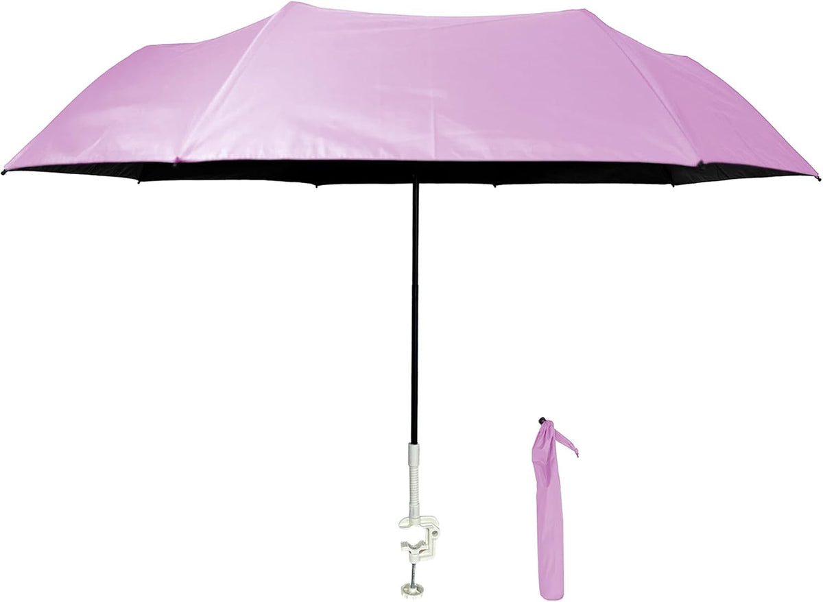 Clamp on Umbrella with universal clamp, folds to just 16", overhead-bin friendly, carry-on sized, meets standard carry-on regulations, easy to travel sun shade that can be used for beach, resort, cruise, sports parent viewing or camping. Frees hands for