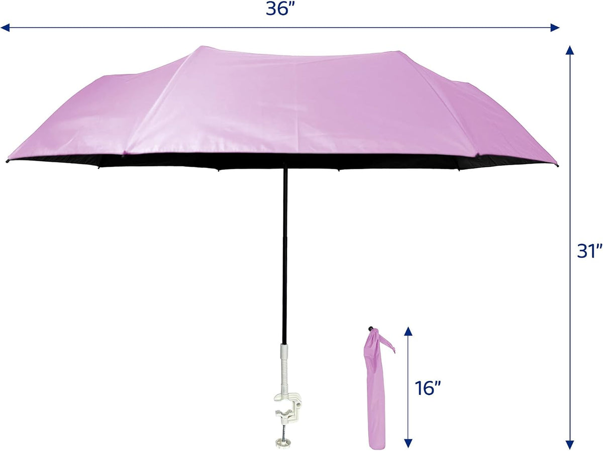 Clamp on Umbrella with universal clamp, folds to just 16", overhead-bin friendly, carry-on sized, meets standard carry-on regulations, easy to travel sun shade that can be used for beach, resort, cruise, sports parent viewing or camping. Frees hands for