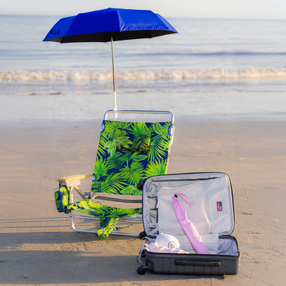 Clamp on Umbrella with universal clamp, folds to just 16", overhead-bin friendly, carry-on sized, meets standard carry-on regulations, easy to travel sun shade that can be used for beach, resort, cruise, sports parent viewing or camping. Frees hands for