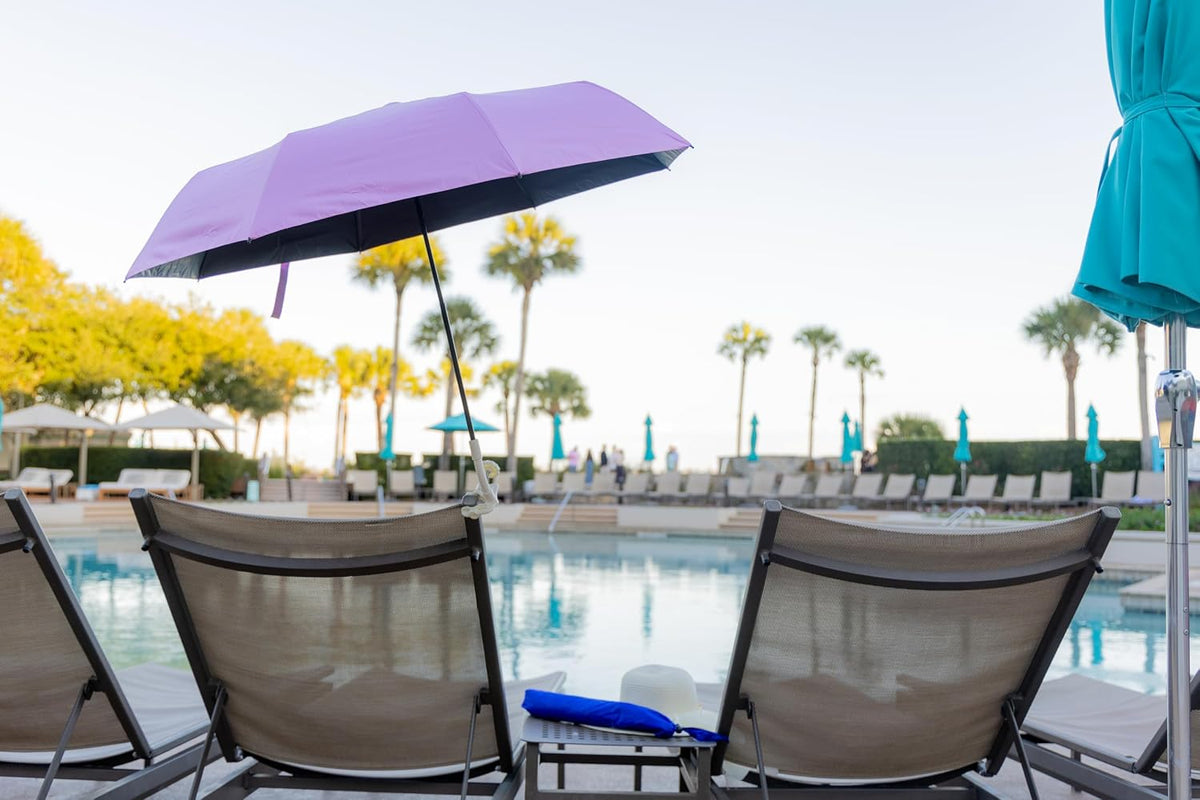 Clamp on Umbrella with universal clamp, folds to just 16", overhead-bin friendly, carry-on sized, meets standard carry-on regulations, easy to travel sun shade that can be used for beach, resort, cruise, sports parent viewing or camping. Frees hands for