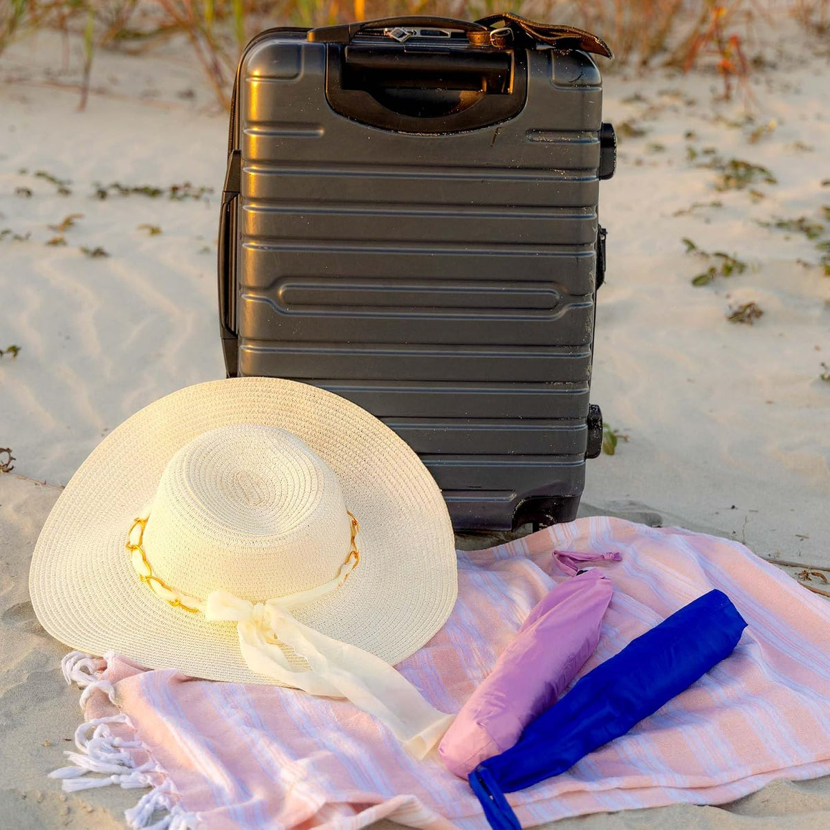 Clamp on Umbrella with universal clamp, folds to just 16", overhead-bin friendly, carry-on sized, meets standard carry-on regulations, easy to travel sun shade that can be used for beach, resort, cruise, sports parent viewing or camping. Frees hands for
