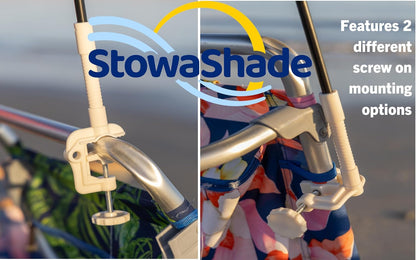 Clamp on Umbrella with universal clamp, folds to just 16", overhead-bin friendly, carry-on sized, meets standard carry-on regulations, easy to travel sun shade that can be used for beach, resort, cruise, sports parent viewing or camping. Frees hands for