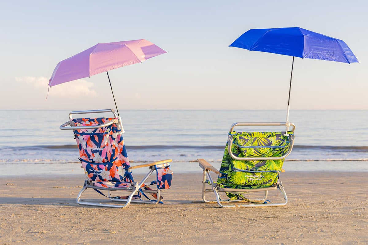 Clamp on Umbrella with universal clamp, folds to just 16", overhead-bin friendly, carry-on sized, meets standard carry-on regulations, easy to travel sun shade that can be used for beach, resort, cruise, sports parent viewing or camping. Frees hands for