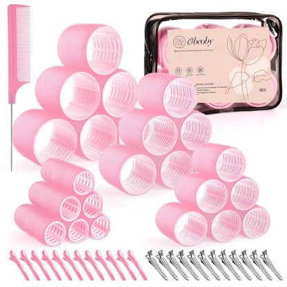 4 Sizes Self-Grip Hair Rollers Set for Long, Short Hair and Bangs - 50 Pcs with Clips (25mm, 36mm, 48mm, 60mm), Pink