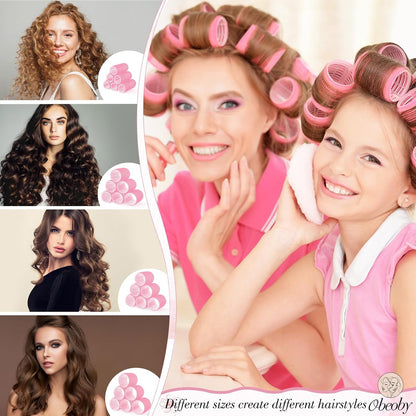4 Sizes Self-Grip Hair Rollers Set for Long, Short Hair and Bangs - 50 Pcs with Clips (25mm, 36mm, 48mm, 60mm), Pink
