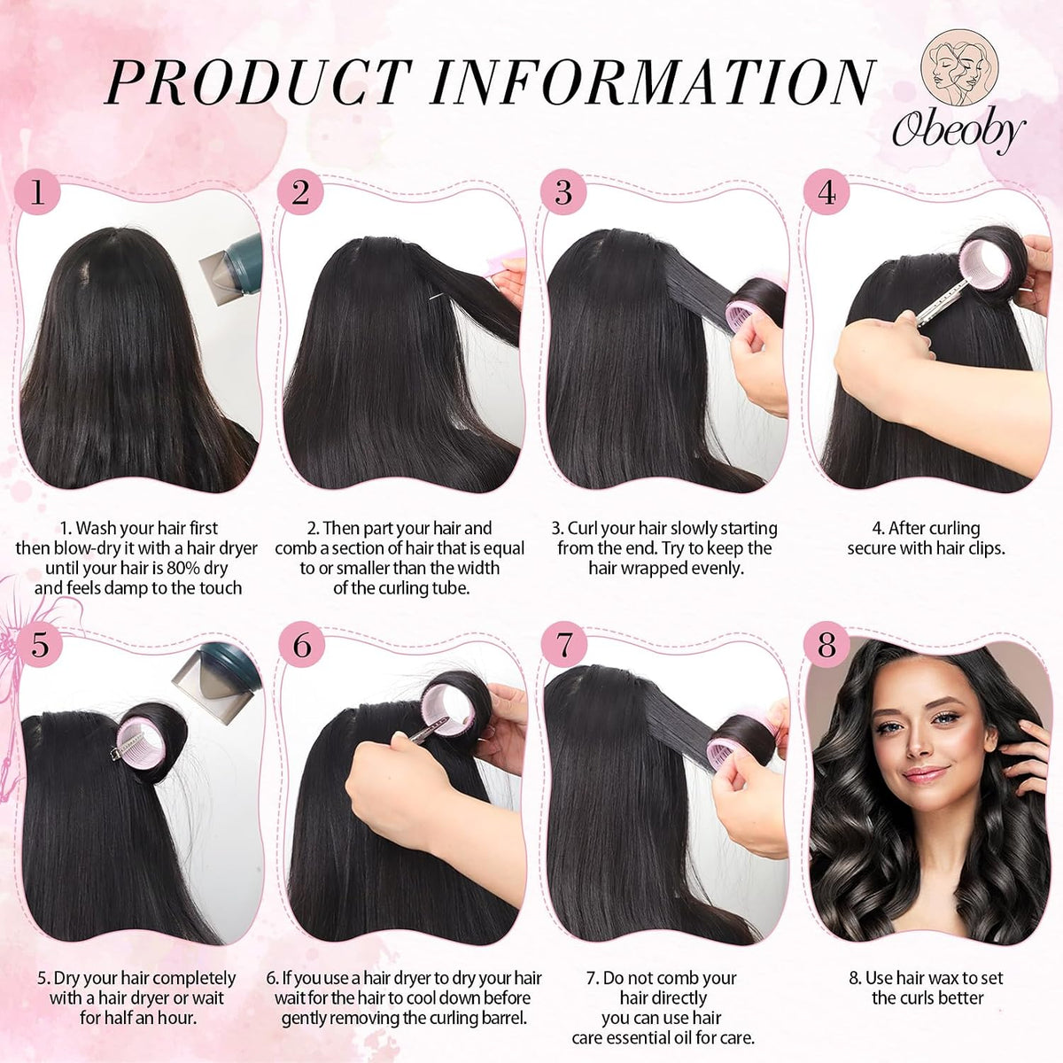 4 Sizes Self-Grip Hair Rollers Set for Long, Short Hair and Bangs - 50 Pcs with Clips (25mm, 36mm, 48mm, 60mm), Pink