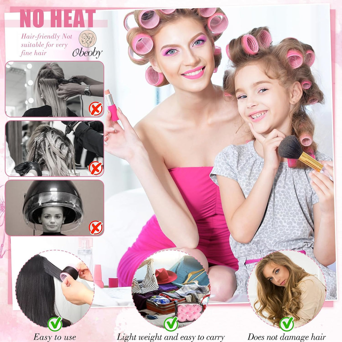 4 Sizes Self-Grip Hair Rollers Set for Long, Short Hair and Bangs - 50 Pcs with Clips (25mm, 36mm, 48mm, 60mm), Pink