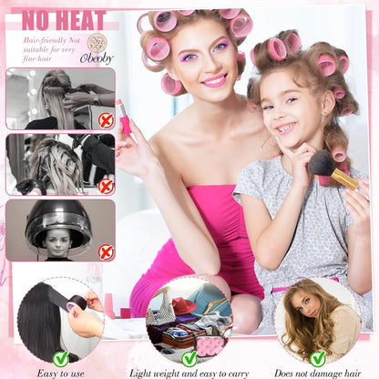 4 Sizes Self-Grip Hair Rollers Set for Long, Short Hair and Bangs - 50 Pcs with Clips (25mm, 36mm, 48mm, 60mm), Pink