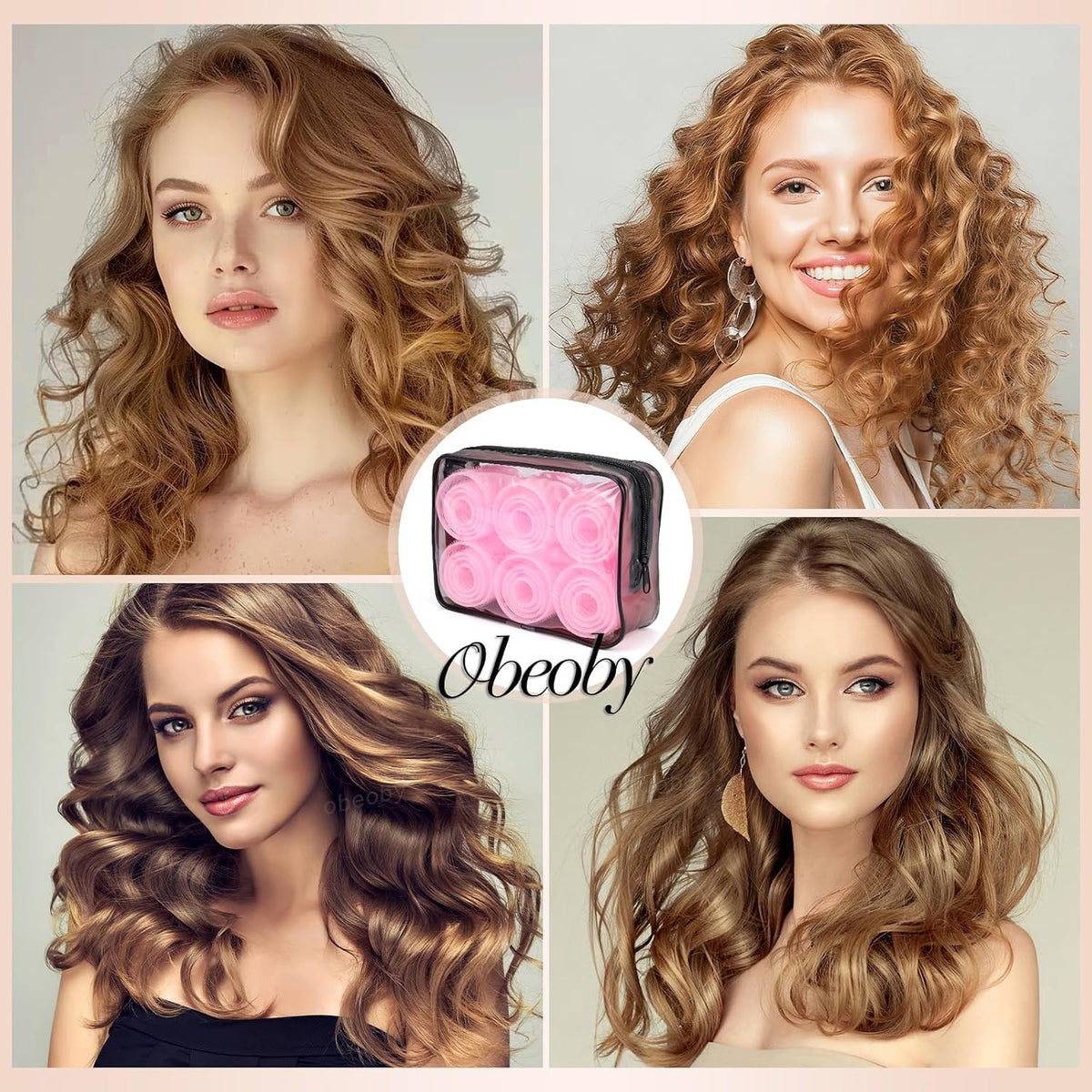 4 Sizes Self-Grip Hair Rollers Set for Long, Short Hair and Bangs - 50 Pcs with Clips (25mm, 36mm, 48mm, 60mm), Pink