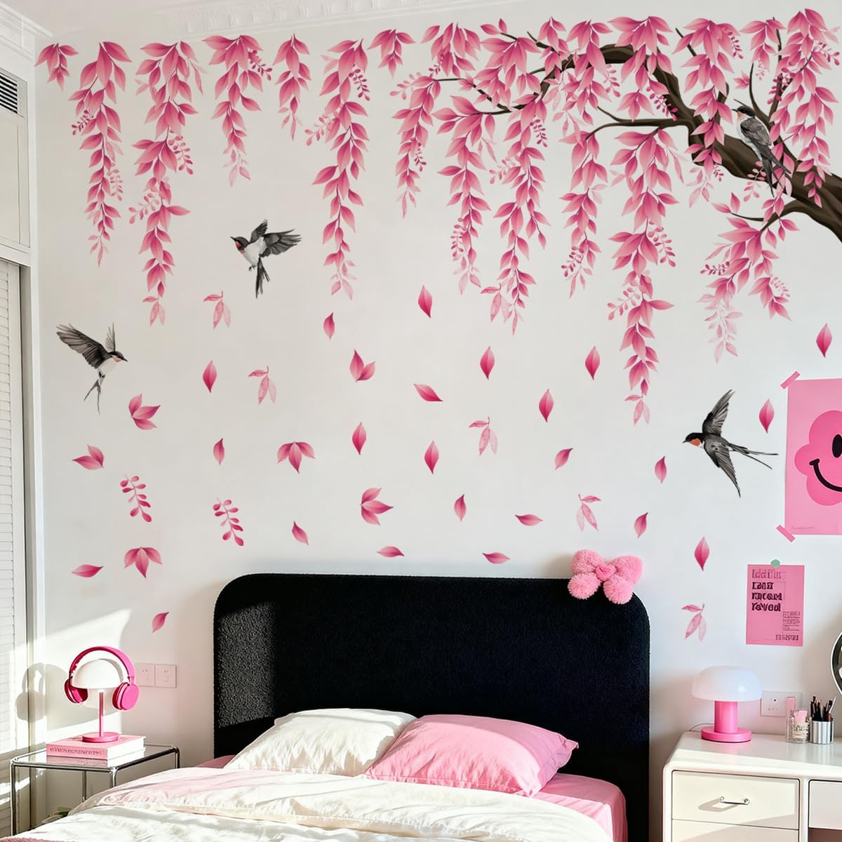Pink Flower Tree Branch Wall Decals, Spring Pink Flower Bird Wall Stickers Peel and Stick Wall Murals for Living Room Bedroom Tv Background Wall Decor, 70.8x59 inches, 3 Sheets