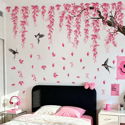 Pink Flower Tree Branch Wall Decals, Spring Pink Flower Bird Wall Stickers Peel and Stick Wall Murals for Living Room Bedroom Tv Background Wall Decor, 70.8x59 inches, 3 Sheets