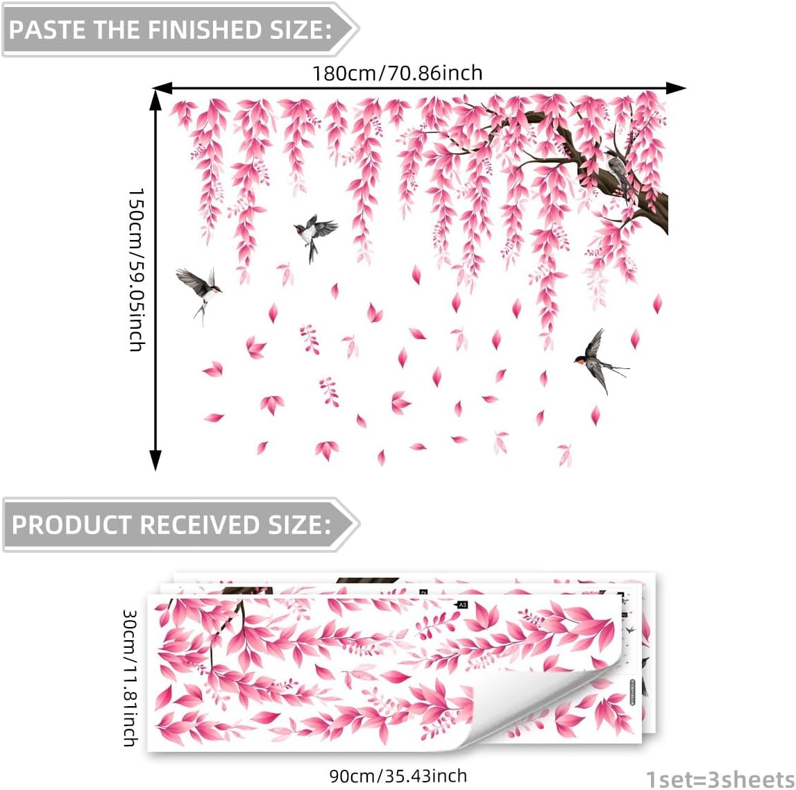 Pink Flower Tree Branch Wall Decals, Spring Pink Flower Bird Wall Stickers Peel and Stick Wall Murals for Living Room Bedroom Tv Background Wall Decor, 70.8x59 inches, 3 Sheets