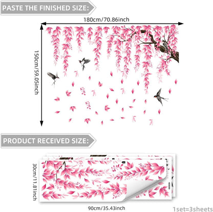 Pink Flower Tree Branch Wall Decals, Spring Pink Flower Bird Wall Stickers Peel and Stick Wall Murals for Living Room Bedroom Tv Background Wall Decor, 70.8x59 inches, 3 Sheets