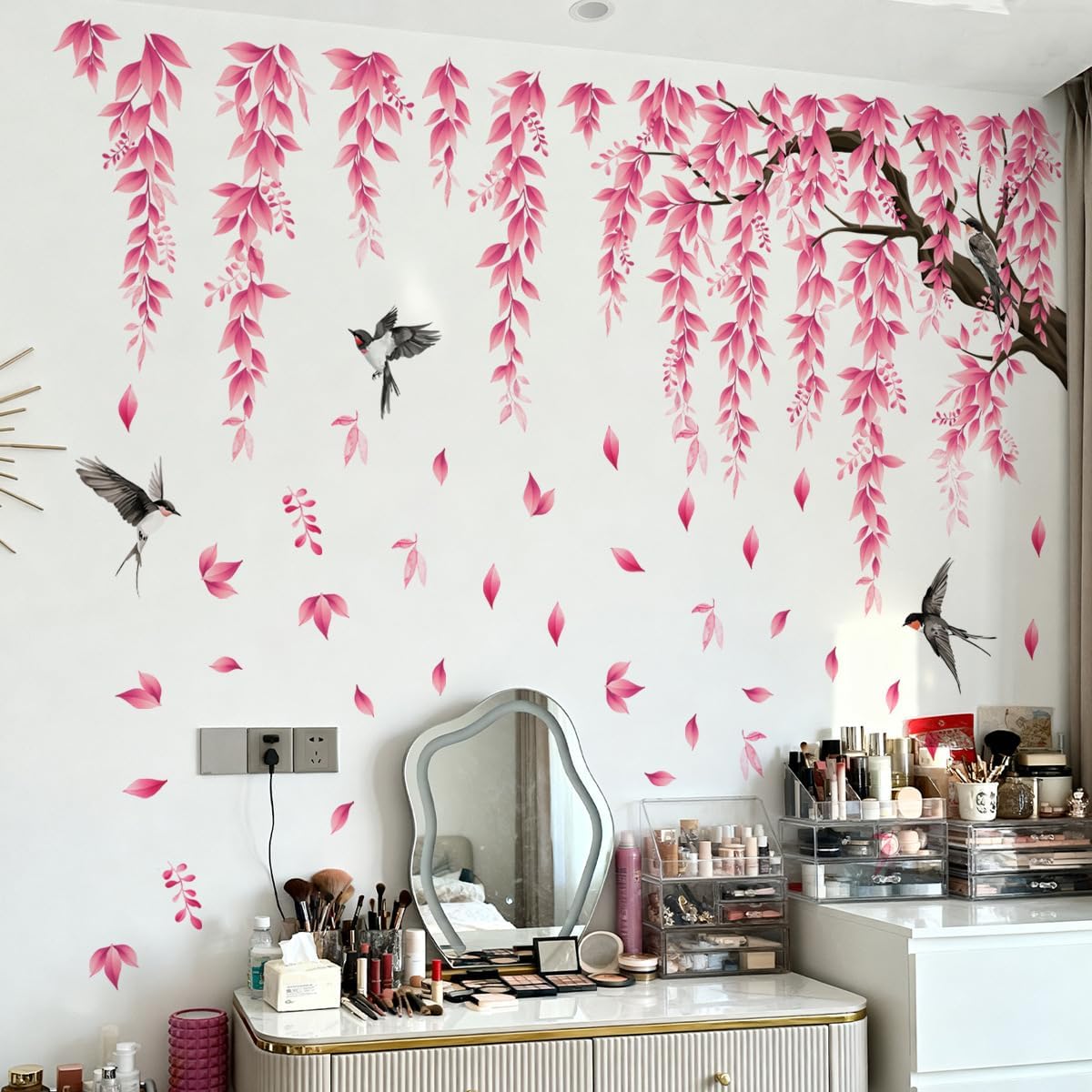 Pink Flower Tree Branch Wall Decals, Spring Pink Flower Bird Wall Stickers Peel and Stick Wall Murals for Living Room Bedroom Tv Background Wall Decor, 70.8x59 inches, 3 Sheets
