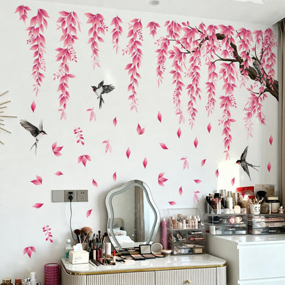 Pink Flower Tree Branch Wall Decals, Spring Pink Flower Bird Wall Stickers Peel and Stick Wall Murals for Living Room Bedroom Tv Background Wall Decor, 70.8x59 inches, 3 Sheets