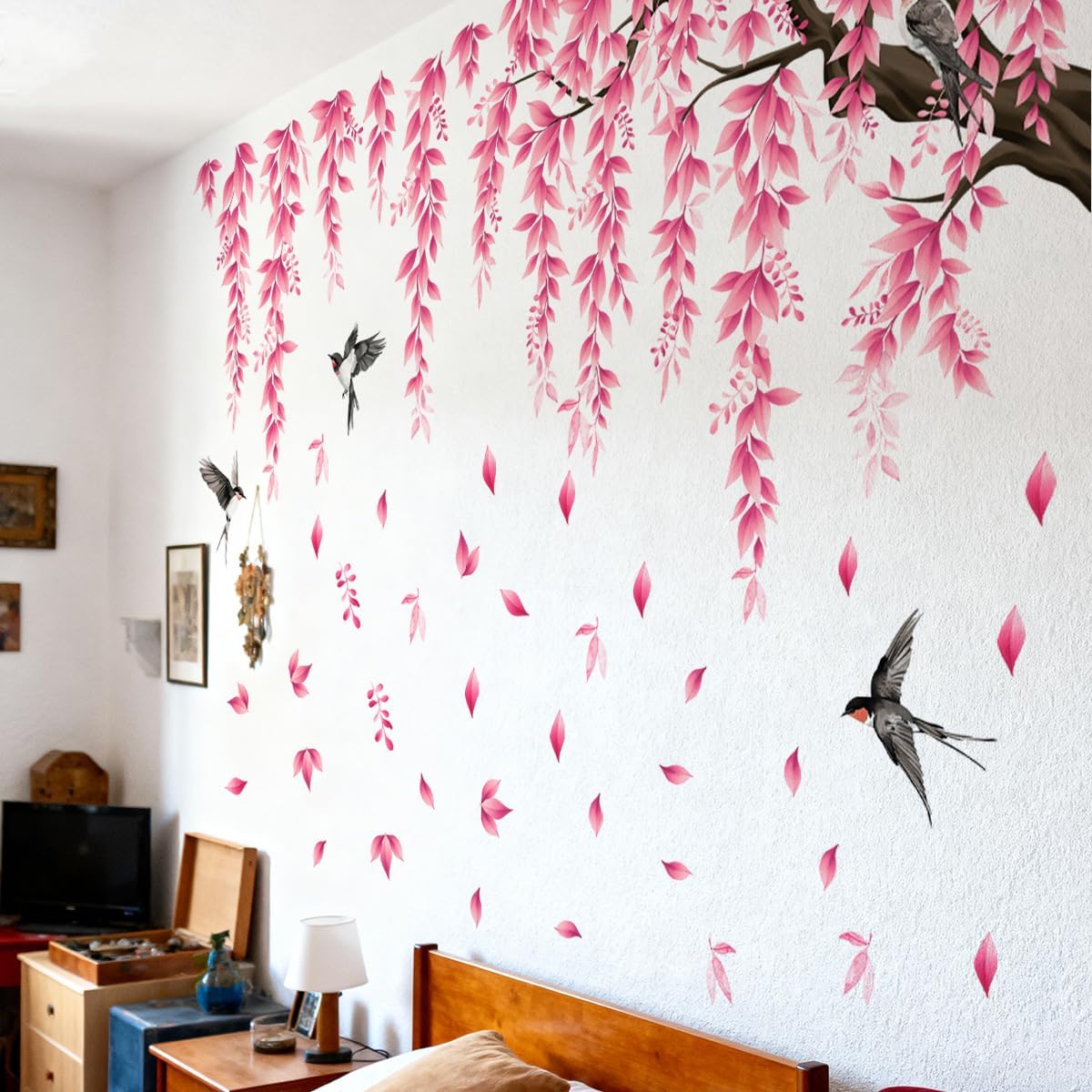 Pink Flower Tree Branch Wall Decals, Spring Pink Flower Bird Wall Stickers Peel and Stick Wall Murals for Living Room Bedroom Tv Background Wall Decor, 70.8x59 inches, 3 Sheets