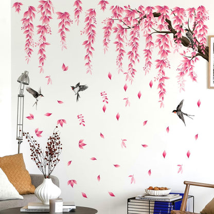 Pink Flower Tree Branch Wall Decals, Spring Pink Flower Bird Wall Stickers Peel and Stick Wall Murals for Living Room Bedroom Tv Background Wall Decor, 70.8x59 inches, 3 Sheets