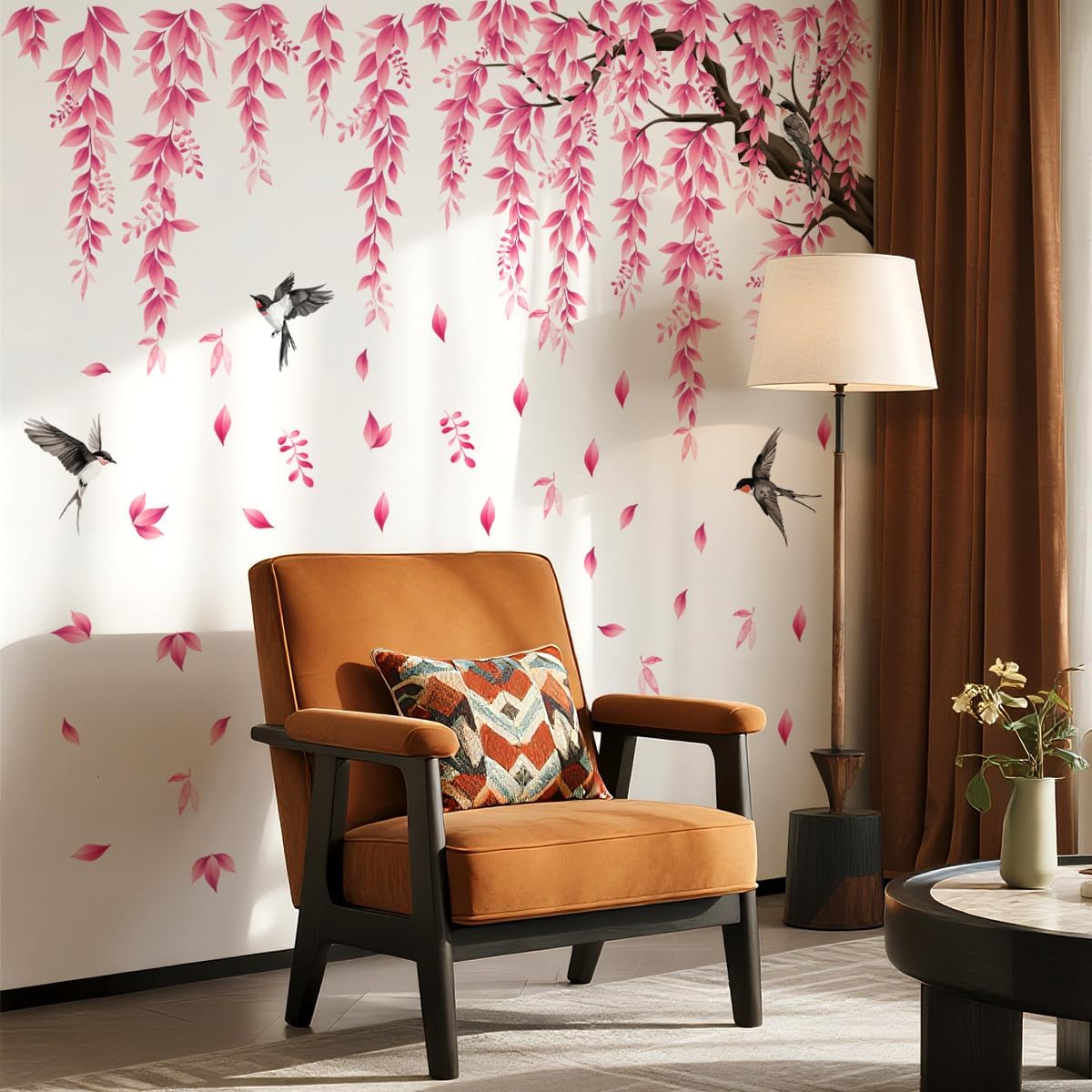 Pink Flower Tree Branch Wall Decals, Spring Pink Flower Bird Wall Stickers Peel and Stick Wall Murals for Living Room Bedroom Tv Background Wall Decor, 70.8x59 inches, 3 Sheets