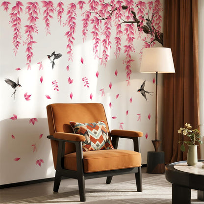 Pink Flower Tree Branch Wall Decals, Spring Pink Flower Bird Wall Stickers Peel and Stick Wall Murals for Living Room Bedroom Tv Background Wall Decor, 70.8x59 inches, 3 Sheets