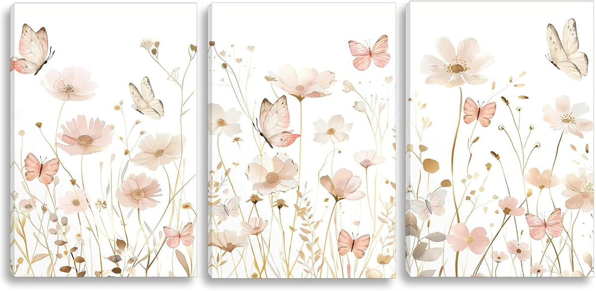 3 PCS Pink Butterfly Wildflower Canvas Wall Art 12*16 in Stretched