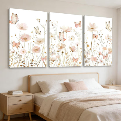 3 PCS Pink Butterfly Wildflower Canvas Wall Art 12*16 in Stretched