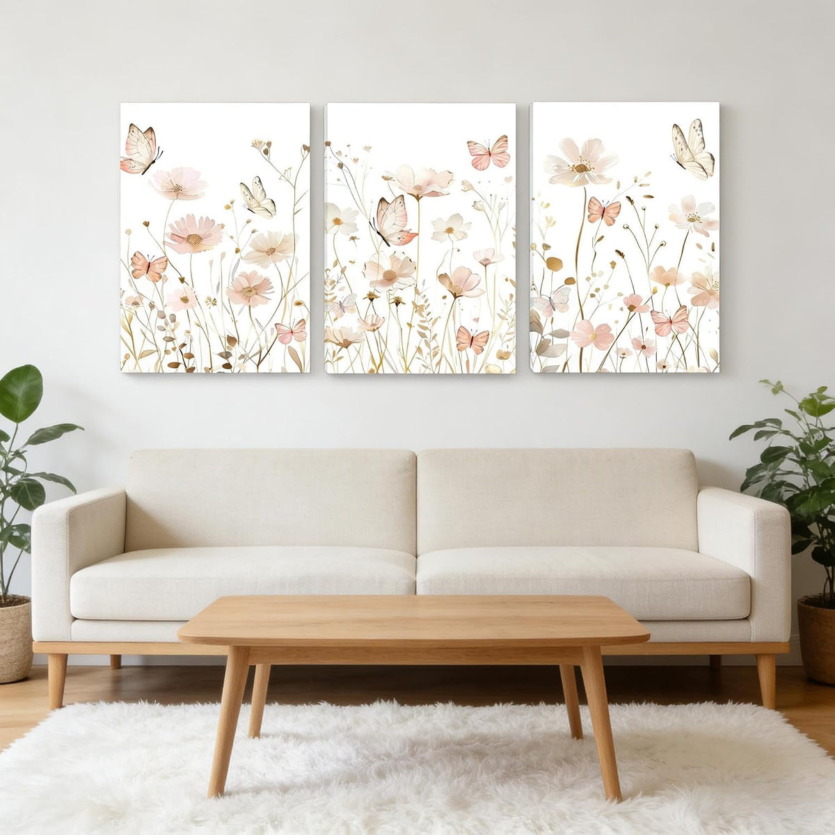 3 PCS Pink Butterfly Wildflower Canvas Wall Art 12*16 in Stretched