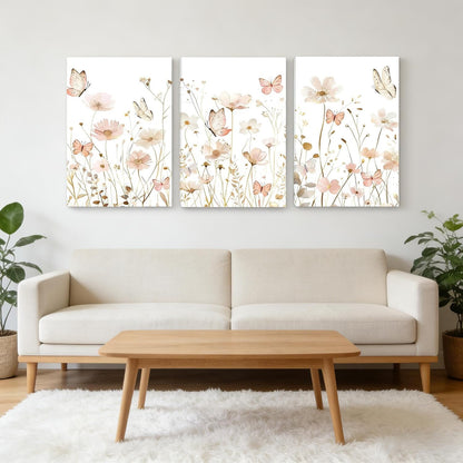 3 PCS Pink Butterfly Wildflower Canvas Wall Art 12*16 in Stretched