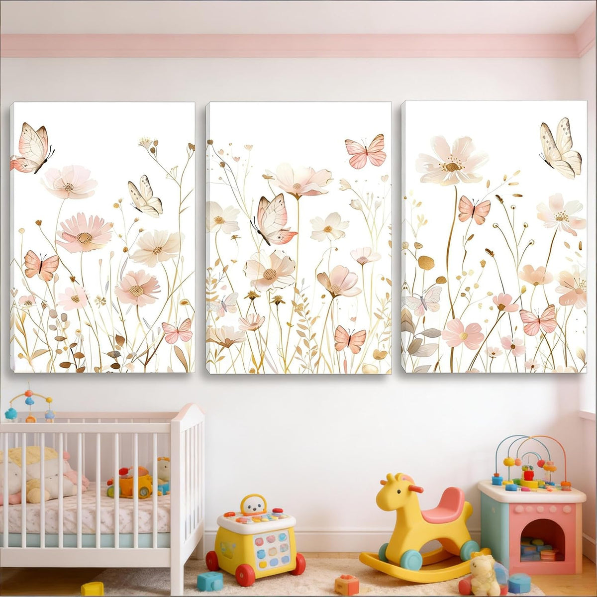3 PCS Pink Butterfly Wildflower Canvas Wall Art 12*16 in Stretched
