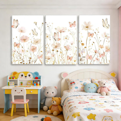 3 PCS Pink Butterfly Wildflower Canvas Wall Art 12*16 in Stretched