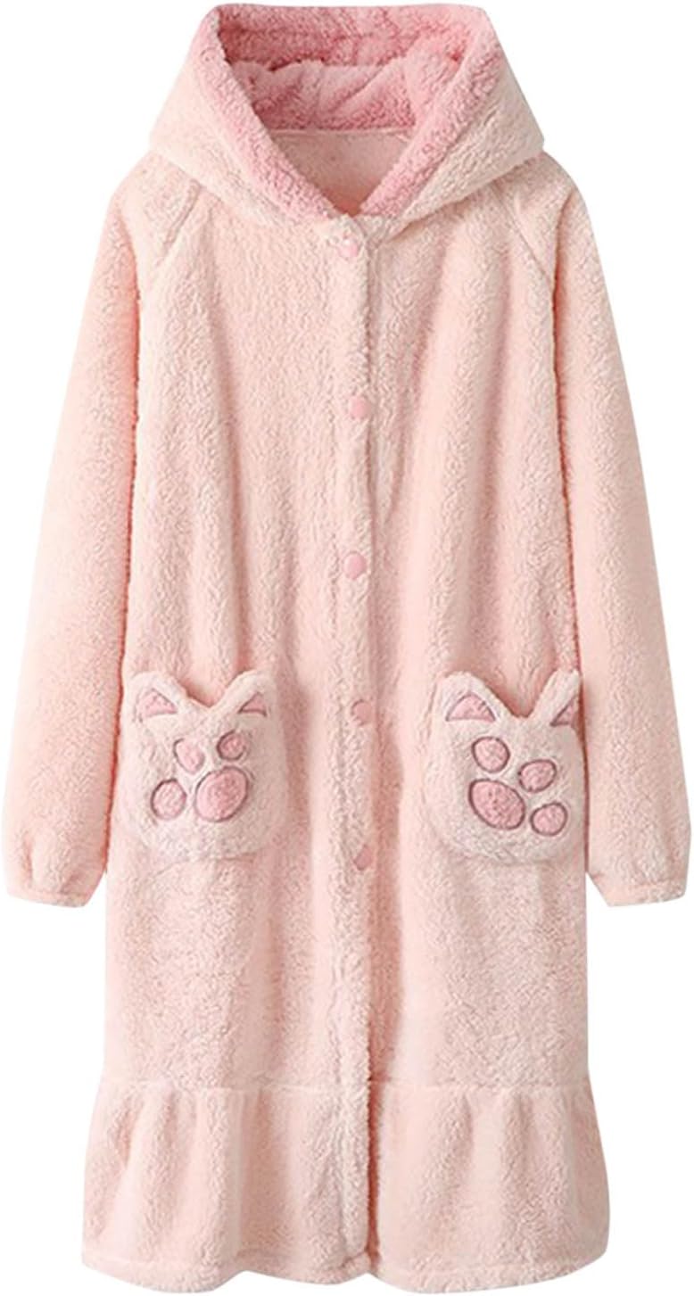 Hooded Plush Robes for Women with Cat-Paw Side Pocket Long Sleeve Raglan Bathrobe Terry Cloth Flannel Bathrobes