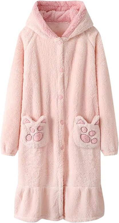 Hooded Plush Robes for Women with Cat-Paw Side Pocket Long Sleeve Raglan Bathrobe Terry Cloth Flannel Bathrobes