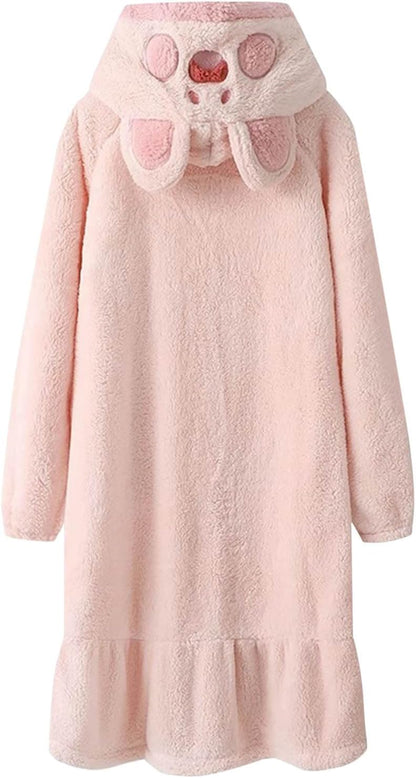 Hooded Plush Robes for Women with Cat-Paw Side Pocket Long Sleeve Raglan Bathrobe Terry Cloth Flannel Bathrobes